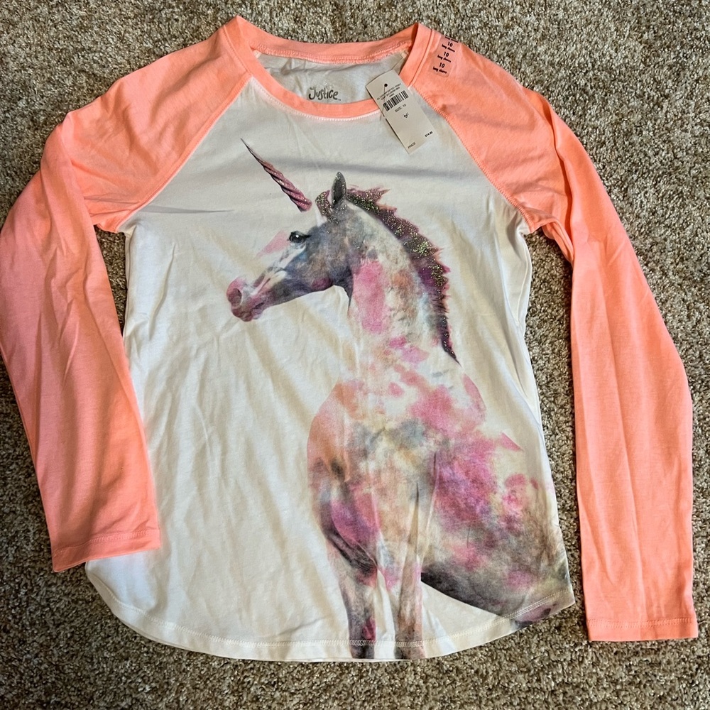 Justice girls long sleeve unicorn raglan shirt. Size 10. NWT.